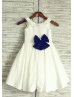 Ivory Cotton Simple Flower Girl Dress With Navy Blue Bow 